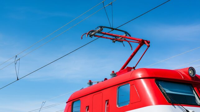 Electric locomotive pantograph system collecting power from overhead catenary wire under blue sky, representing modern rail transport, clean energy, engineering technology and efficient mobility