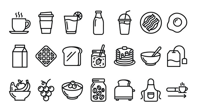Exclusive minimalist outline vector icon collection displaying organic breakfast menu items cafe refreshments morning delicacies and essential kitchen cooking gear