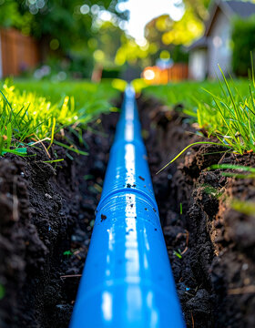 Plastic water pipe inside an open narrow trench through residential garden, freshly excavated dark soil, green grass. Close-up.