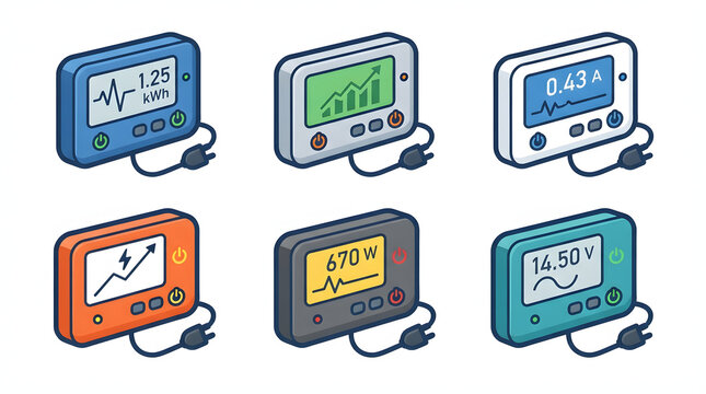 Set of electricity usage monitor icons for energy efficiency tracking on transparent background