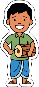 Smiling Indian Boy Holding a Traditional Drum