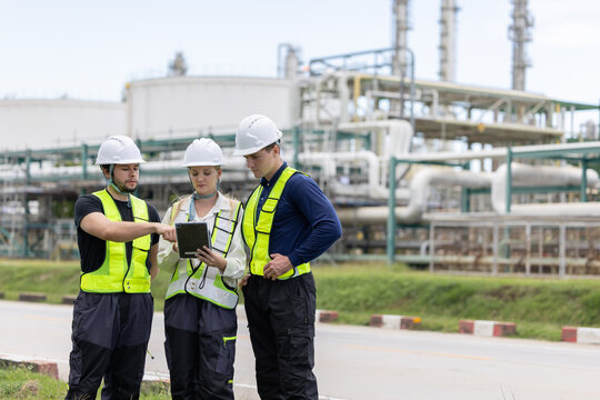Group of petroleum engineers having a discussion at the site