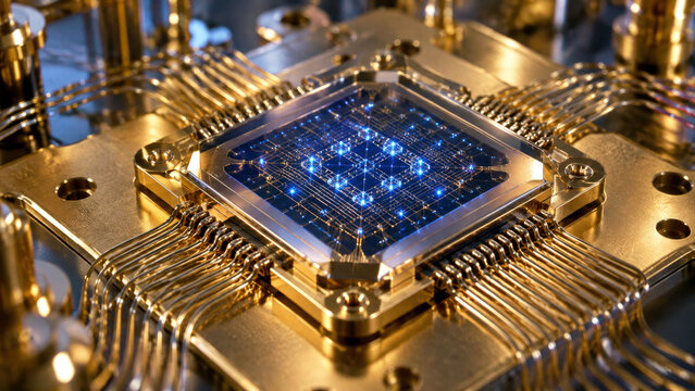 Macro view of glowing quantum processor chip on gold board