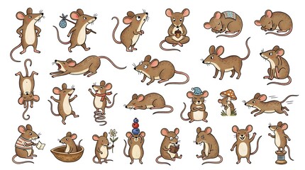 Obraz premium Cute hand drawn mice in various poses and activities including sleeping, eating, reading, and playing on white