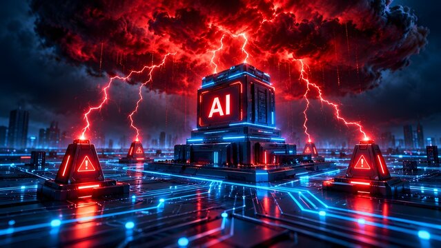 Dystopian AI Mainframe System With Red Lightning And Security Warning Alerts