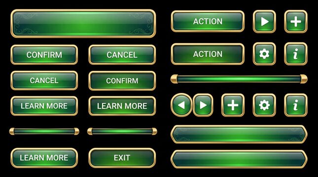 Game user interface kit with green and gold glossy buttons, progress bars, and icons.
