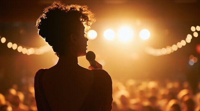 Silhouette of a female singer holding a microphone on a stage with concert lights and audience