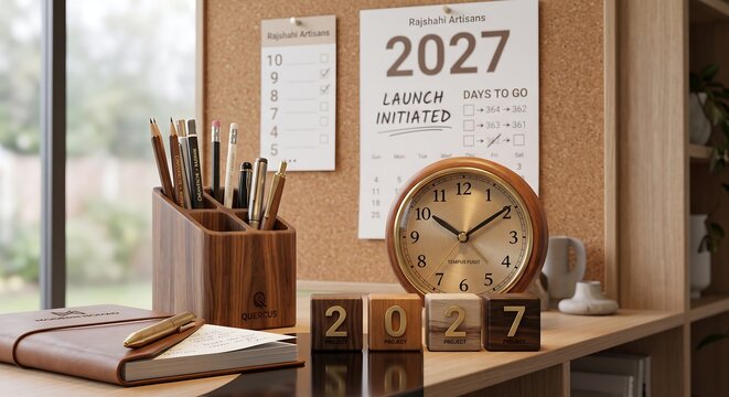 2027 New Year goal planning and launch countdown concept with desk calendar wooden blocks and clock   