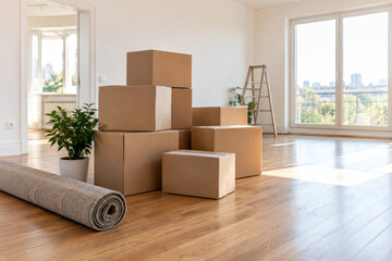 Fototapeta premium Stacked cardboard moving boxes in a bright empty apartment