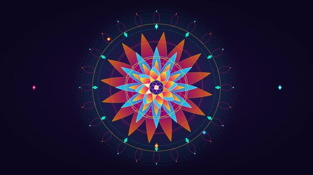 Colorful geometric mandala flower blooming and rotating against dark background