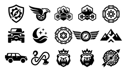 Fototapeta premium Icons representing off-road vehicles, mountains, and adventure gear are arranged in a grid for design projects.