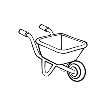 Black and white outline vector illustration of a simple construction tool wheelbarrow for gardening and landscaping projects