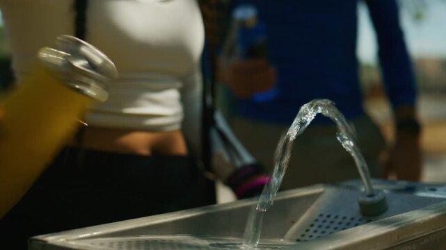 A person refills a reusable yellow water bottle from an outdoor drinking fountain. This active scene highlights hydration and an eco-friendly lifestyle.