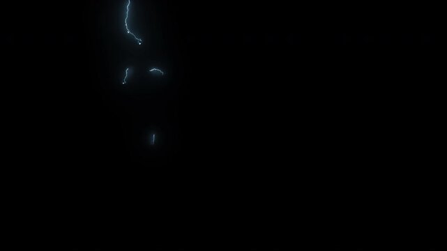 Cinematic blue lightning bolt striking against a pitch black background during a heavy night storm