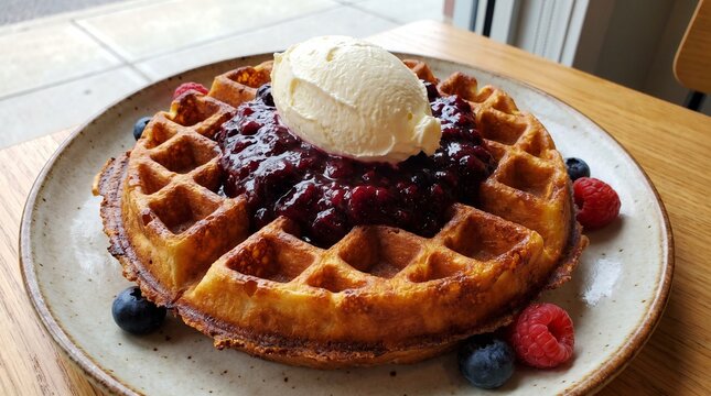 Belgian waffle with berry sauce and ice cream on a ceramic plate