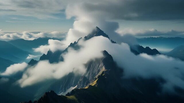 Cinematic slow-motion shot of clouds moving across mountain peaks, soft atmospheric haze, dramatic lighting transitions, epic natural landscape, realistic depth and scale, no people