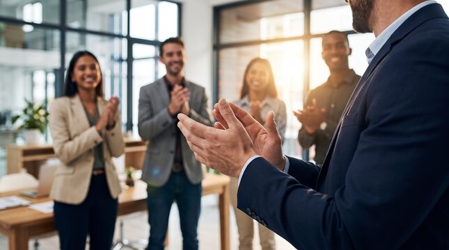 Equipe Multicultural Aplaudindo Colega no Escrit&oacute;rio em Celebra&ccedil;&atilde;o de Conquista Profissional e Reconhecimento no Trabalho.