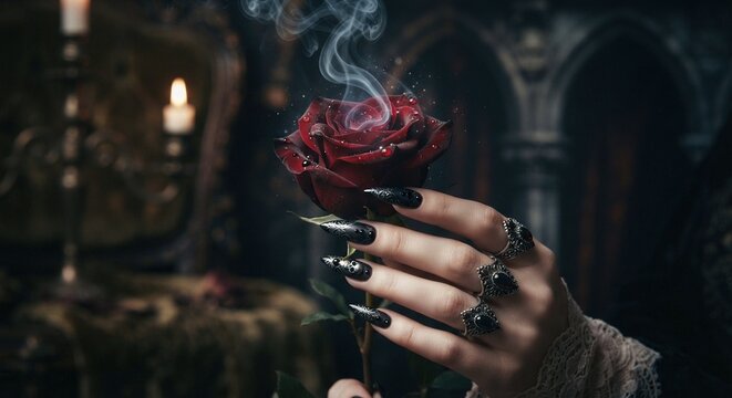 Witch Hand with Black Gothic Nails Holding Smoking Red Rose