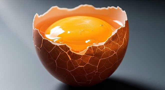 Close up of cracked eggshell with vibrant yellow yolk studio shot