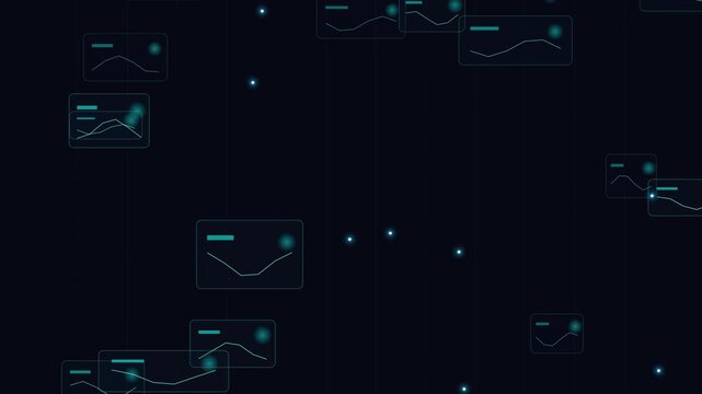 Futuristic data visualization graphs on glowing screens against dark backdrop