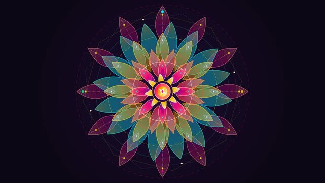 Colorful sacred geometry mandala flower rotating and blooming smoothly on dark background