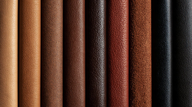 Vertical rows showcase various shades of brown, tan, and black genuine leather textures. Ideal for material swatches, upholstery, and fashion design concepts.