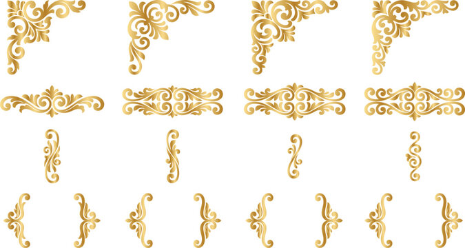 Set of golden decorative elements borders and corners for luxurious vintage designs.