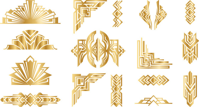 Art deco golden fan shapes borders and corners for geometric retro style design.