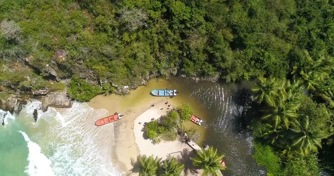 Aerial view of Cepe beach with palm trees, boats on the sand, and turquoise water in Maracay, Aragua, Venezuela.