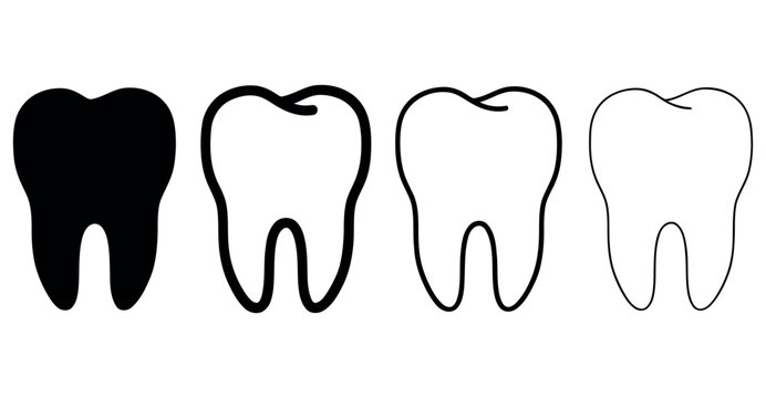 Set of four simple black and white tooth icons illustrating dental health, hygiene, and medical care concepts on a clean background.