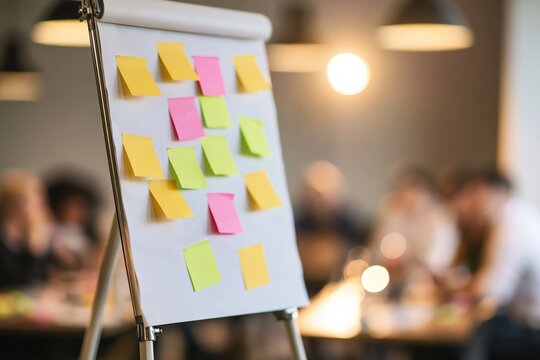 Flipchart with colorful sticky notes for business brainstorming in a blurred office meeting room