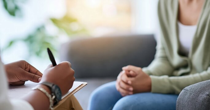 Therapy session with a therapist taking notes during a mental health counseling conversation