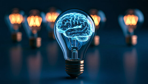 A vibrant blue brain illuminates inside a lightbulb, surrounded by blurred lights, symbolizing innovation and intelligence. Ideal for creative thinking and idea generation.
