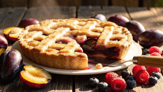 Delicious homemade plum pie with lattice top and cut slice, surrounded by fresh berries and fruit on rustic wooden table