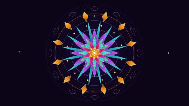 Geometric Mandala Animation Pulsing with Vibrant Colorful Shapes on Dark Background