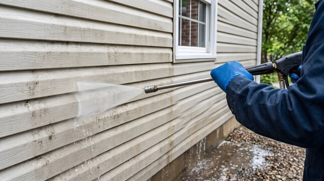 Worker cleaning exterior glass surface with pressure washing equipment