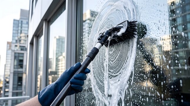 Gloved hand cleaning glass window with professional equipment