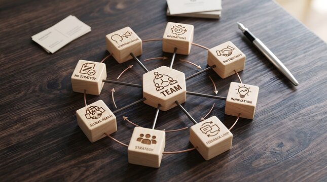 Wooden employee icons showing teamwork and business organization concept