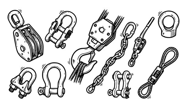 Industrial lifting hooks chains and rigging hardware hand drawn monochrome vector illustration