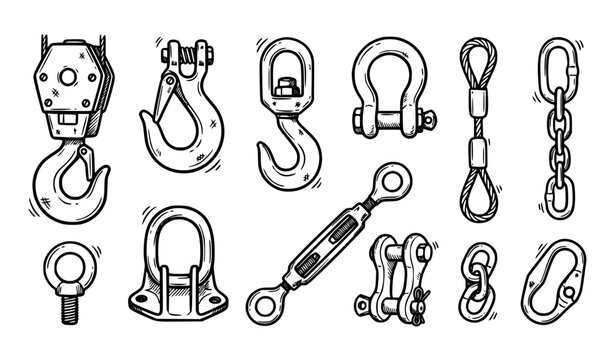 Black and white industrial crane hooks and rigging equipment doodle vector set