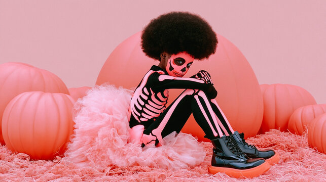 Young black gitl in skeleton costume sitting among pink pumpkins and tulle for Halloween, combining playful gothic fashion with a pink aesthetic for seasonal advertising and social media campaign use.