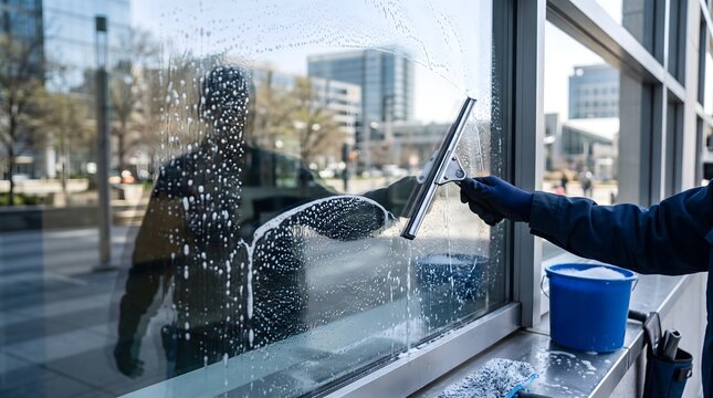 Worker cleaning glass window with water spray for building maintenance service