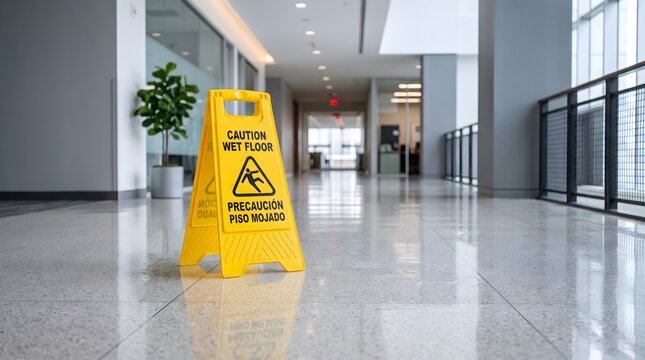 Safety caution sign on wet office floor for workplace hazard prevention