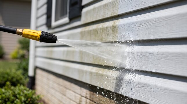 Power washing exterior wall surface for residential cleaning maintenance