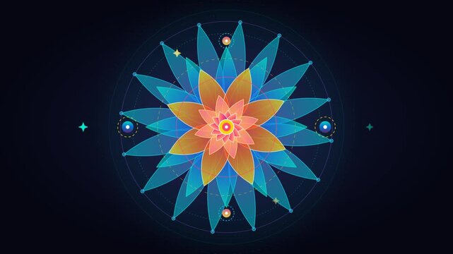 Luminous Lotus Mandala Rotating with Glowing Petals and Geometric Circles on Dark Background