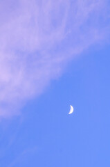 Twilight sky background. A small white crescent moon in a soft purple and blue sky, and gentle haze and wispy clouds around © syntheticmessiah