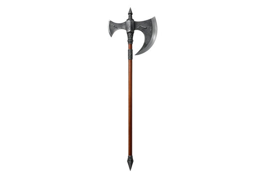 Medieval battle axe polearm with steel blade and wooden handle