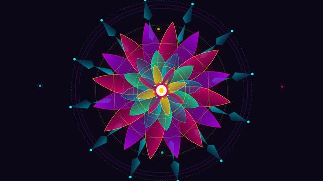 Rotating Geometric Floral Mandala Blooming Petals on Dark Background
