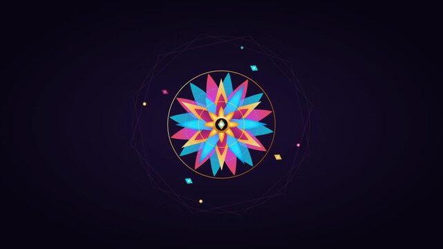 Rotating Geometric Mandala Flower with Vibrant Colorful Petals Spinning on Dark Background