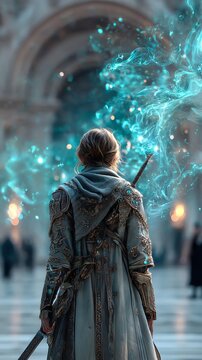 Mystical figure casting shimmering magic spells.